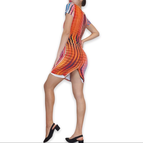 TracyReese Artsy Multicolor Stripe Psychedelic Print Ruched Bodycon Silk dress 0 - Picture 10 of 16